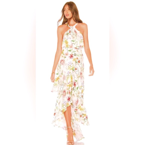 Parker Fillipa Sleeveless Halter Neck High/Low Ruffle Maxi Dress Floral Sangria - Picture 4 of 10